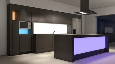 LED-Flächenlicht als Küchenrückwand und als Frontverkleidung der Kücheninsel
